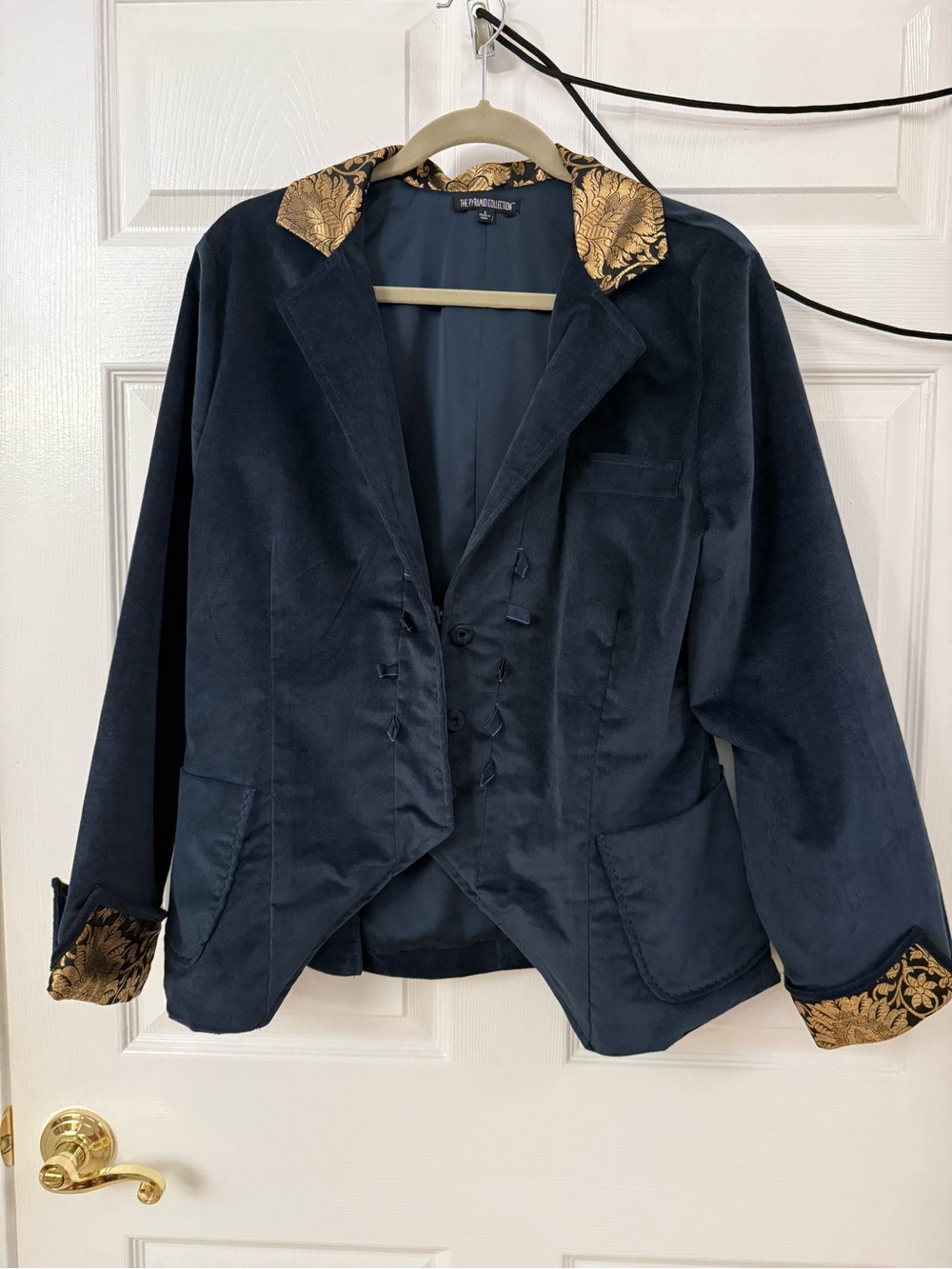 The Pyramid Collection Navy Blazer with Gold Brocade Collar & Cuffs